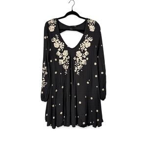 Free People Embroidered Tunic Mini Dress Black Boho Festival Western Small